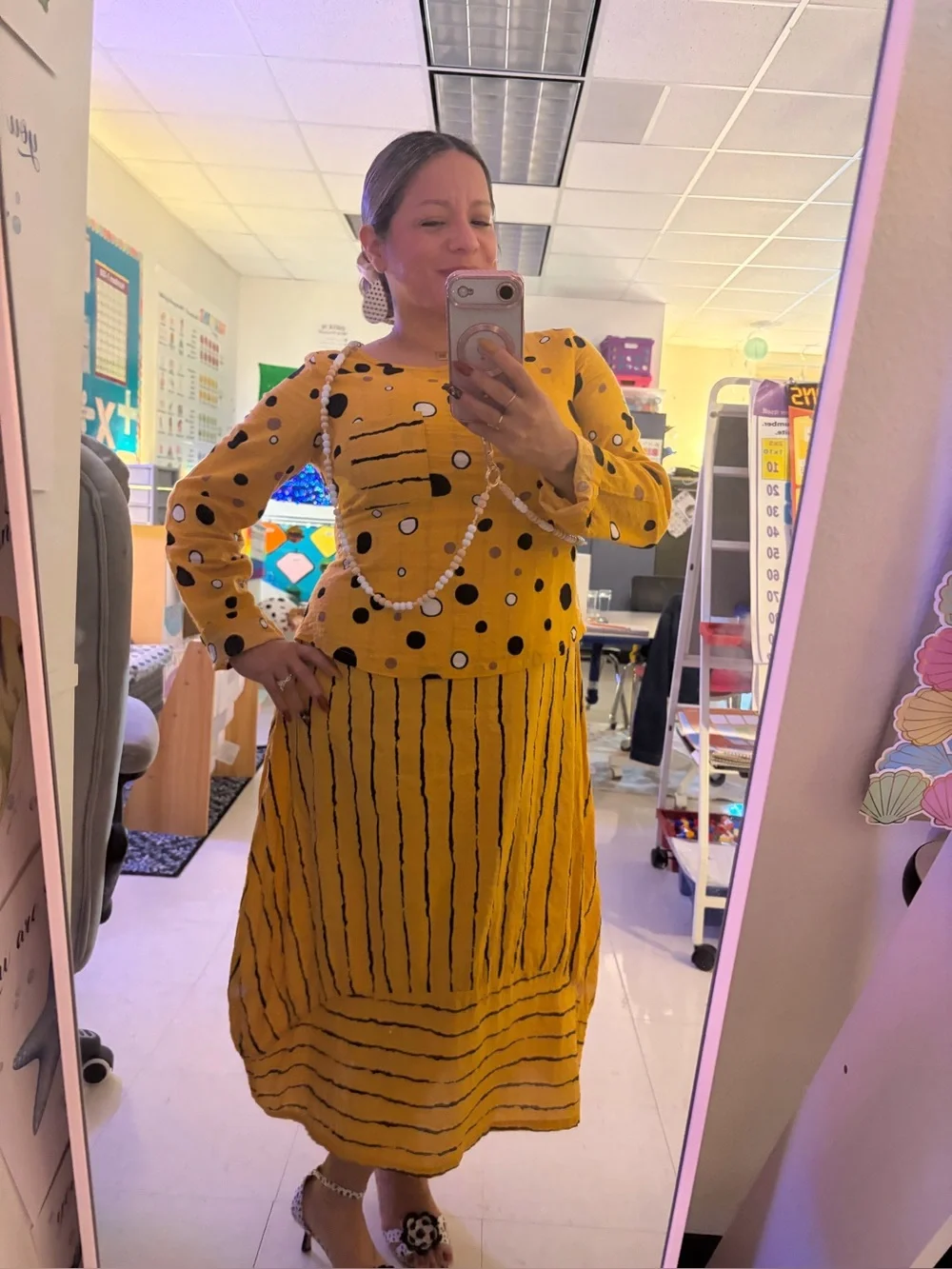Yellow Long Sleeve Polka Dot & Stripe Midi Dress (fits like M)